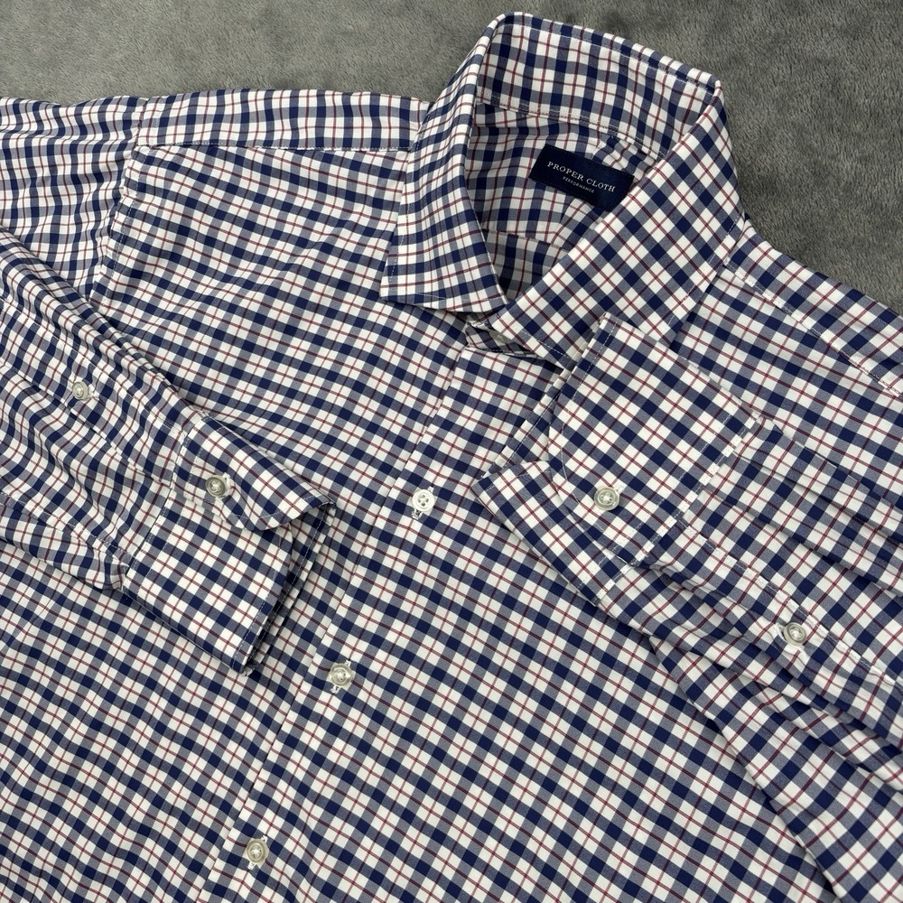 Proper Cloth Performance Dress Shirt 15.75-34.5 Blue Red Plaid Stretch Nylon